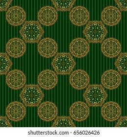 Golden pattern on a green background. Vintage sketch. Elegant retro vector seamless pattern.