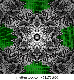 Golden pattern on green background with golden elements. Vintage pattern on green background with golden elements. Christmas, snowflake, new year.