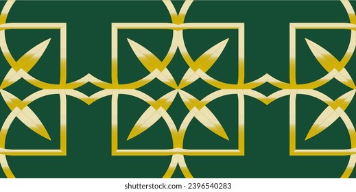 golden pattern on a green background.Geometric seamless pattern. Repeated elegant modular background. Luxury texture for design prints. 