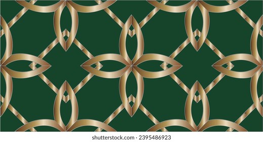 patrón dorado sobre un fondo verde.Patrón sin foco con ornamento geométrico simétrico. ... Para su diseño, fondo de pantalla, presentación, banner, portada de página. Ilustración hecha con textura.