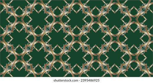 golden pattern on a green background.Seamless pattern with symmetric geometric ornament. . For your design, Wallpaper, presentation, banner, page cover. Illustration made with texture.