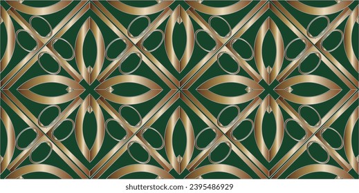 patrón dorado sobre un fondo verde.Patrón sin foco con ornamento geométrico simétrico. ... Para su diseño, fondo de pantalla, presentación, banner, portada de página. Ilustración hecha con textura.