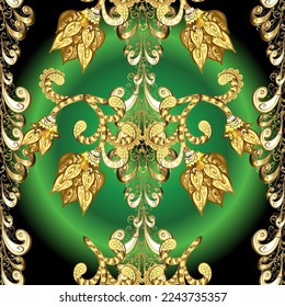 Patrón dorado sobre los colores verde, negro y amarillo con elementos dorados. Patrón de oro vectorial clásico sin brillo. Ornamento tradicional. Fondo clásico vintage.