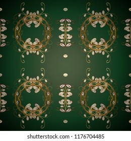 Golden pattern on green, blue and brown colors with golden elements. Seamless classic golden pattern. Vector traditional orient ornament.