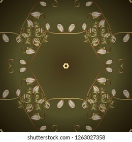 Golden pattern on a green and brown colors with golden elements. Vector vintage baroque floral seamless pattern in gold. Luxury, royal and Victorian concept. Ornate decoration.