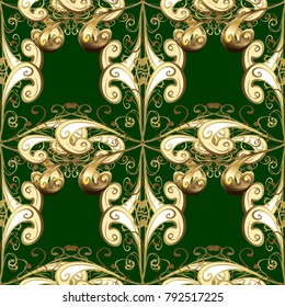 Golden pattern on green colors with golden elements. Ornate vector decoration. Seamless damask pattern background for wallpaper design in the style of Baroque.