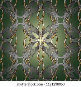 Golden pattern on green, gray and neutral colors with golden elements. Vector golden ornamental pattern. Flat hand drawn vintage collection. Backdrop, fabric, gold wallpaper.