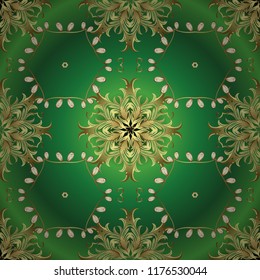 Golden pattern on green, neutral and yellow colors with golden elements. Ornate vector decoration. Seamless damask pattern background for wallpaper design in the style of Baroque.