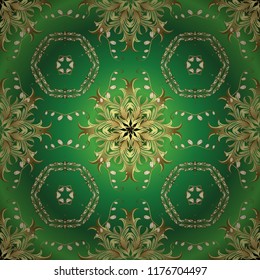 Golden pattern on green, neutral and yellow colors with golden elements. Seamless pattern oriental ornament. Floral tiles. Vector golden textile print. Islamic design.