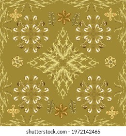 Golden pattern on green, neutral and yellow colors with golden elements. Damask pattern background for wallpaper design in the style of Baroque. Ornate vector decoration.
