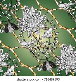 Golden pattern on green, white and black colors with golden elements. Ornamental classic golden pattern. Vector traditional orient ornament.