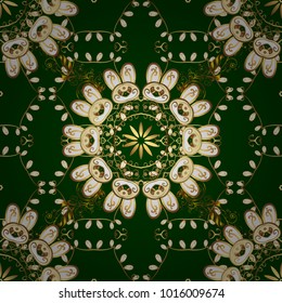 Golden pattern on a green and yellow colors with golden elements. Vector vintage baroque floral seamless pattern in gold. Luxury, royal and Victorian concept. Ornate decoration.