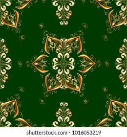 Golden pattern on green and yellow colors with golden elements. Seamless golden pattern. Vector oriental ornament.