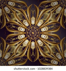 Golden pattern on lilac and purple background with golden elements. Seamless classic golden pattern. Vector traditional orient ornament.