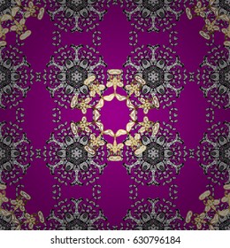 Golden pattern on magenta background with golden elements. Seamless vintage pattern on magenta background with golden elements. Christmas, snowflake, new year.