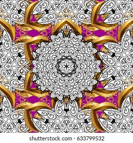 Golden pattern on magenta background with golden elements. Ornate vector decoration. Seamless damask pattern background for wallpaper design in the style of Baroque.