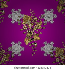 Golden pattern on magenta background with golden elements. Flat hand drawn vintage collection. Backdrop, fabric, gold wallpaper. Vector golden seamless pattern.