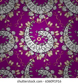 Golden pattern on magenta background with with white doodles. Oriental style arabesques. Seamless golden textured curls. Vector golden pattern.