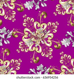 Golden pattern on magenta background with golden elements. Ornate vector decoration. Seamless damask pattern background for wallpaper design in the style of Baroque.