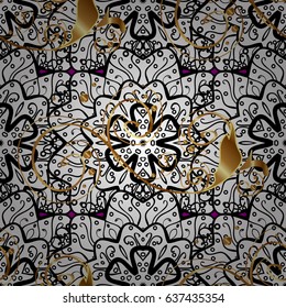 Golden pattern on magenta background with golden elements. Golden color seamless illustration. Vector geometric background. For your design, wallpaper.