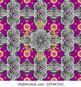 Golden pattern on magenta background with golden elements. Seamless damask classic white and golden pattern. Vector abstract background with repeating elements.