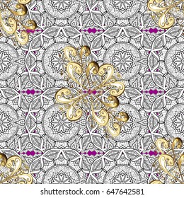 Golden pattern on magenta background with with white doodles. Seamless golden textured curls. Vector golden pattern. Oriental style arabesques.