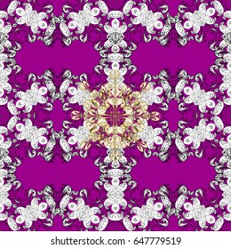 Golden pattern on magenta background with golden elements. Seamless oriental ornament in the style of baroque. Vector oriental ornament. Traditional classic golden pattern.