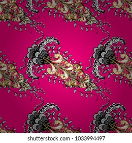 Golden pattern on magenta, black and white colors with golden elements. Luxury, royal and Victorian concept. Ornate decoration. Vector vintage baroque floral seamless pattern in gold.