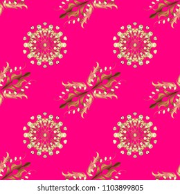 Golden pattern on magenta, brown and beige colors with golden elements. Ornate vector decoration. Seamless damask pattern background for wallpaper design in the style of Baroque.