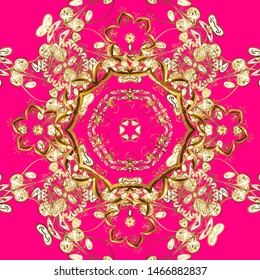 Golden pattern on magenta and brown colors with golden elements. Seamless pattern oriental ornament. Islamic design. Floral tiles. Vector golden textile print.