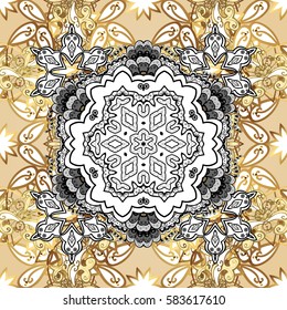 Golden pattern on neutral background with golden elements. Ornate vector decoration. Seamless damask pattern background for wallpaper design in the style of Baroque.