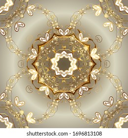 Goldenes Muster auf neutralen, beigen und grauen Farben mit goldenen Elementen. Zeichnen Sie klassisches goldenes Muster. Vektorillustration traditionelles Ornament.