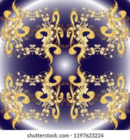 Golden pattern on neutral, blue and violet colors with golden elements. Ornate vector decoration. Ornamental damask pattern background for wallpaper design in the style of Baroque.