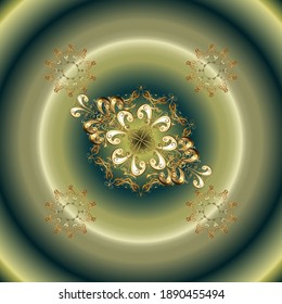 Patrón dorado sobre colores neutros y verdes con elementos dorados. Patrón sin costuras de oro vectorial. Fondo, tela, papel pintado de oro. Colección de vintage dibujada a mano plana.