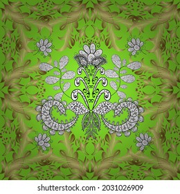 Patrón dorado sobre colores neutros, verdes y amarillos con elementos dorados. Colección de vintage dibujada a mano plana. Patrón sin costuras de oro vectorial. Fondo, tela, papel pintado de oro.