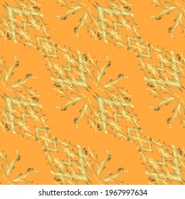 Golden pattern on neutral, yellow and orange colors with golden elements. Traditional orient ornament. Classic vintage background. Classic vector golden pattern.