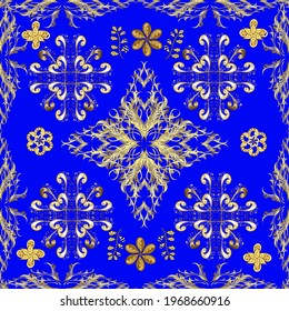 Golden pattern on neutral, yellow and blue colors with golden elements. Islamic design. Floral tiles. Pattern oriental ornament. Vector golden textile print.