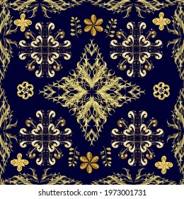 Golden pattern on neutral, yellow and black colors with golden elements. Vector vintage baroque floral pattern in gold. Luxury, royal and Victorian concept. Ornate decoration.