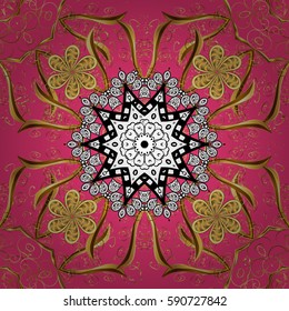Golden pattern on pink background with golden elements. Classic vintage background. Traditional orient ornament. Classic vector golden pattern.