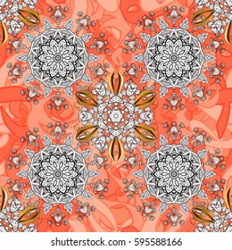 Golden pattern on pink petals background with golden elements. Seamless classic golden pattern. Vector traditional orient ornament.