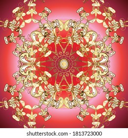 Golden pattern on pink and red colors with golden elements. Backdrop, fabric, gold wallpaper. Vector golden pattern. Flat hand drawn vintage collection.