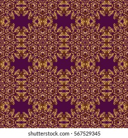 Golden pattern on a purple background. Vintage sketch. Elegant retro vector seamless pattern.