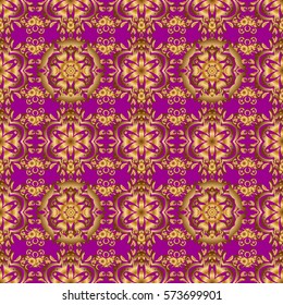 Golden pattern on purple background. Luxury gold seamless pattern with abstract vector elements.