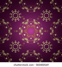 Golden pattern on purple background with golden elements. Ornate vector decoration. Seamless damask pattern background for wallpaper design in the style of Baroque.