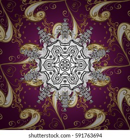 Golden pattern on purple background with golden elements. Seamless damask classic white and golden pattern. Vector abstract background with repeating elements.