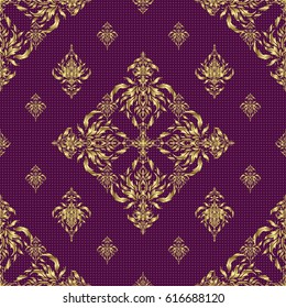Golden pattern on purple background. Luxury gold seamless pattern with abstract vector elements.