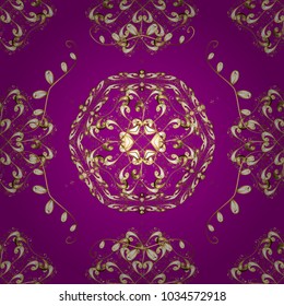 Golden pattern on purple, beige and brown colors with golden elements. Vector oriental ornament. Traditional classic golden pattern. Seamless oriental ornament in the style of baroque.