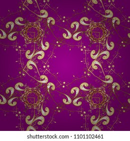Golden pattern on purple, brown and beige colors with golden elements. Ornate vector decoration. Seamless damask pattern background for wallpaper design in the style of Baroque.