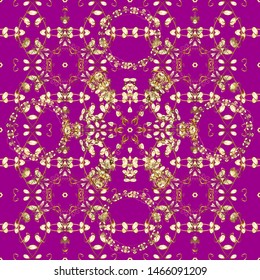 Golden pattern on a purple and brown colors with golden elements. Ornate decoration. Vector vintage baroque floral seamless pattern in gold. Luxury, royal and Victorian concept.
