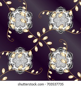 Golden pattern on purple and lilac background with golden elements. Oriental ornament. Vector golden textile print. Islamic design. Floral tiles.